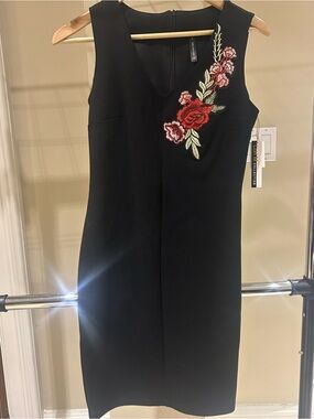 Tahari ASL Black Midi Sheath Dress with Red Floral Appliqué